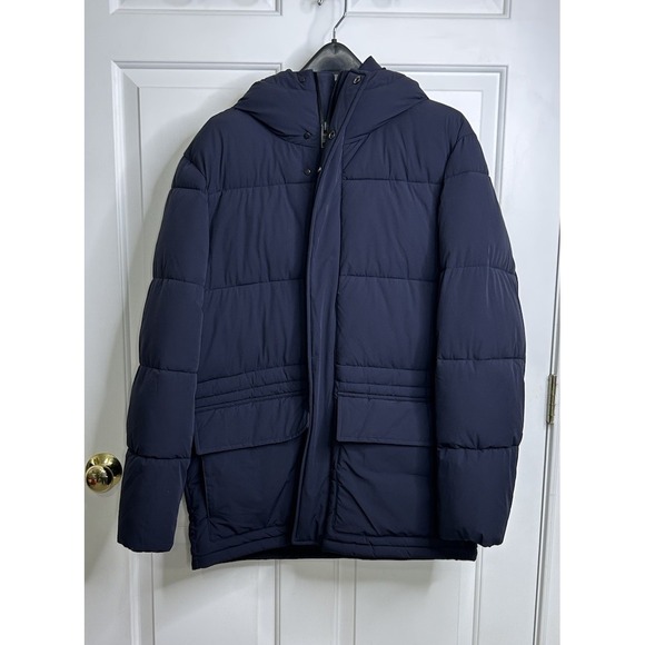 MNG MAN Puffer Coat Men's Medium Pockets Dark Navy Blue Water Repel READ * Flaws